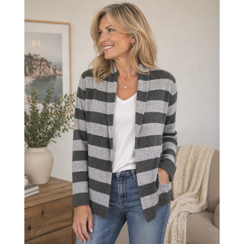 American Eagle Women's Gray and Green Striped Cardigan Sweater Open Front M